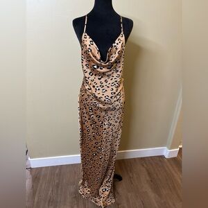 Nasty Gal Tan Leopard Print Maxi Dress With Open Back